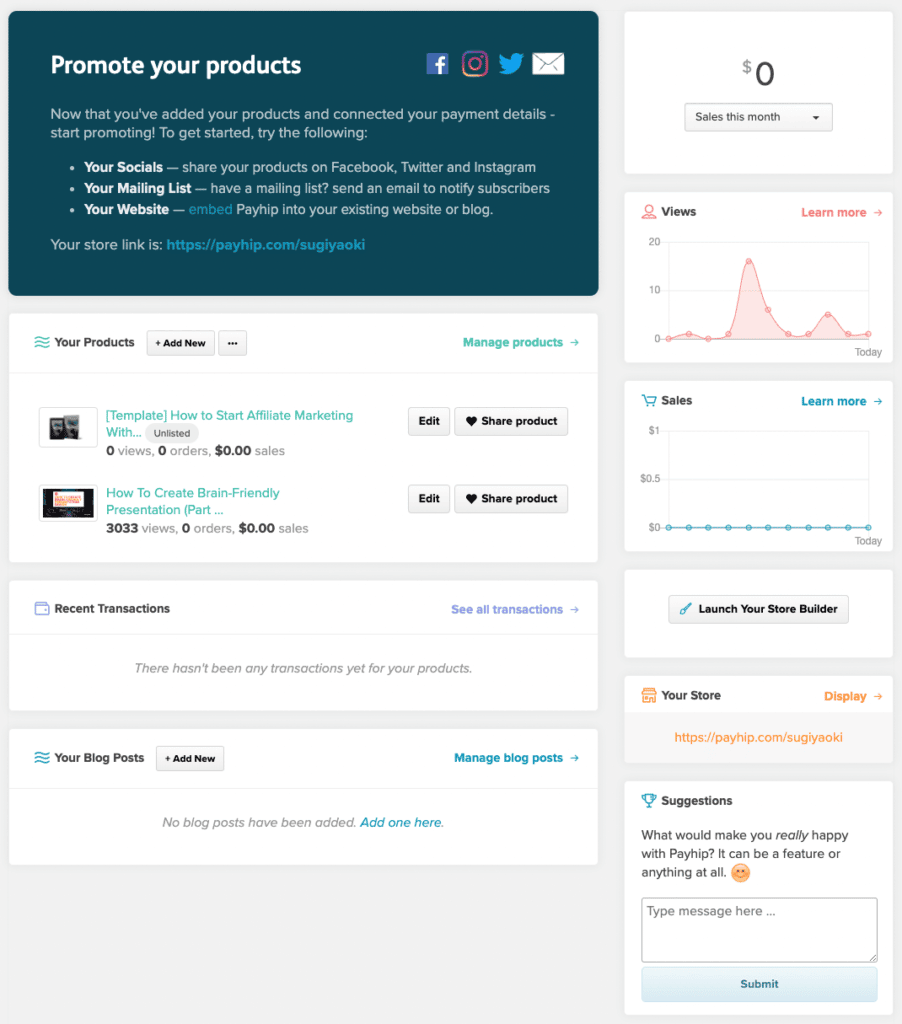 Payhip Review - Dashboard