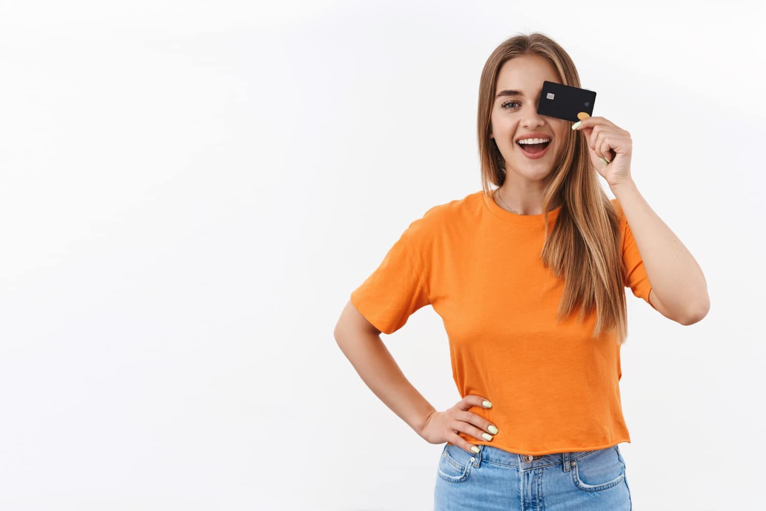 A girl happy with her BMO World Elite MasterCard.