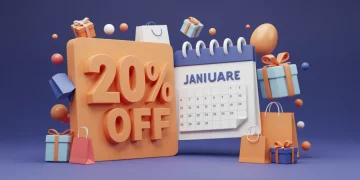 Illustration of a 20% off discount, January 2026 calendar, and shopping items, representing first purchase welcome offers.