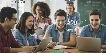 2026: Exclusive Education & Course Discounts Up to 50% Off Students enthusiastically engaging in learning with digital devices and books, surrounded by discount icons.