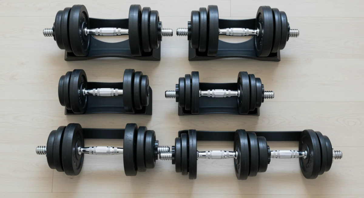 Adjustable dumbbells neatly arranged on a gym mat, representing smart fitness investments