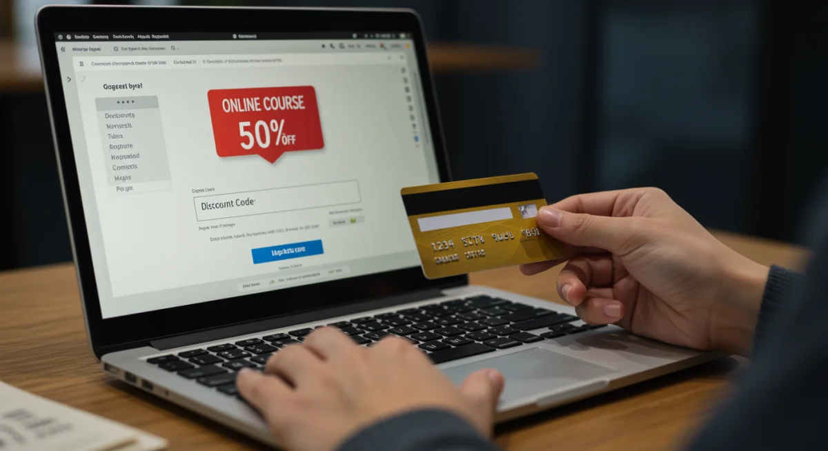 Hand applying a discount code on an online course registration page.