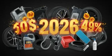 Illustration of car services and accessories with discount tags for 2026 savings.