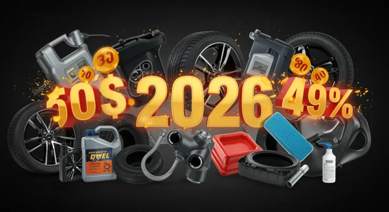 Illustration of car services and accessories with discount tags for 2026 savings.