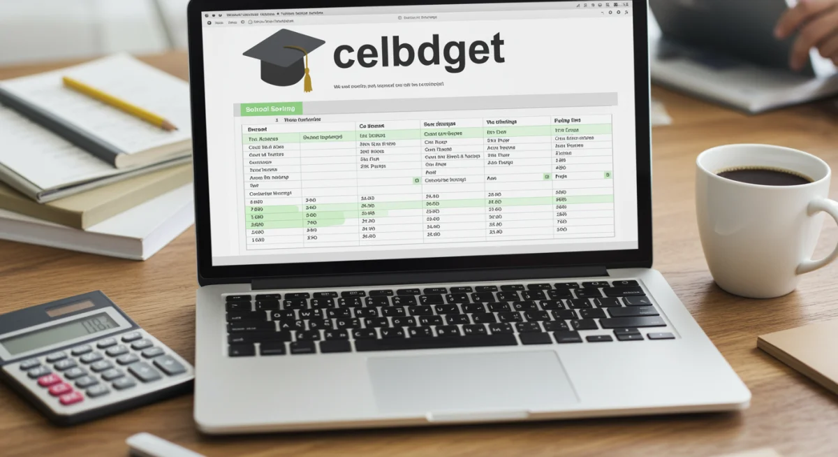 Laptop displaying a back-to-school budget spreadsheet with savings calculations.