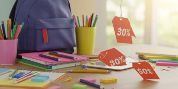 Back-to-School 2026: Daily Deals for Essential Savings Organized new school supplies on a desk with discount tags, ready for back to school 2026.