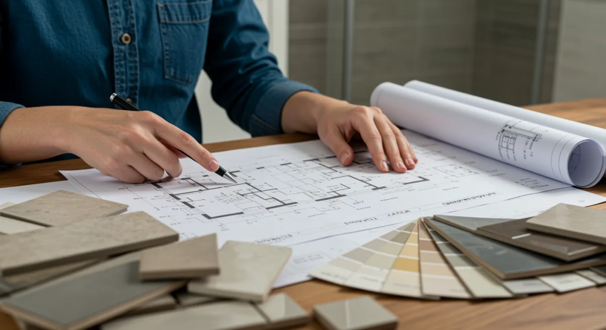 Homeowner reviewing bathroom renovation plans and material samples
