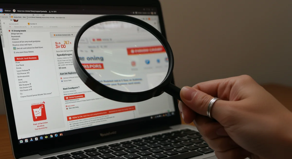 Hand with magnifying glass over laptop comparing prices on various deal websites.
