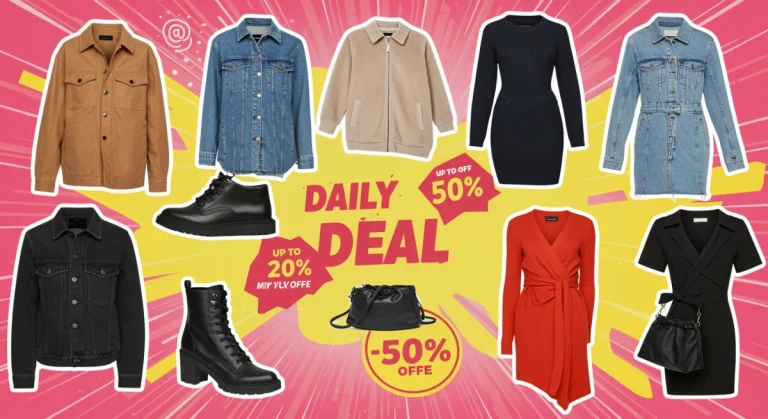 Dynamic graphic illustrating daily apparel deals and seasonal savings.