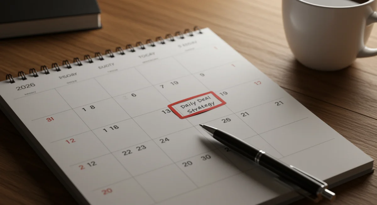 Close-up of 2026 calendar with daily deal strategy notes