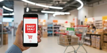 Person smiling, holding phone with daily deal, shopping cart in background