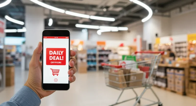 Person smiling, holding phone with daily deal, shopping cart in background