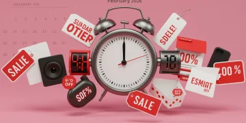 Clock ticking down with various products and 'Sale' tags, indicating limited-time daily deals in February 2026.