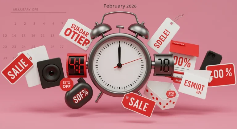 Clock ticking down with various products and 'Sale' tags, indicating limited-time daily deals in February 2026.
