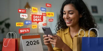 Person smiling while checking daily deals on a smartphone, surrounded by shopping bags.
