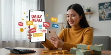 Person saving money with daily deals on smartphone