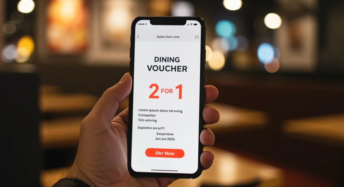 Smartphone displaying a digital 2-for-1 dining voucher with June 2026 expiration date.