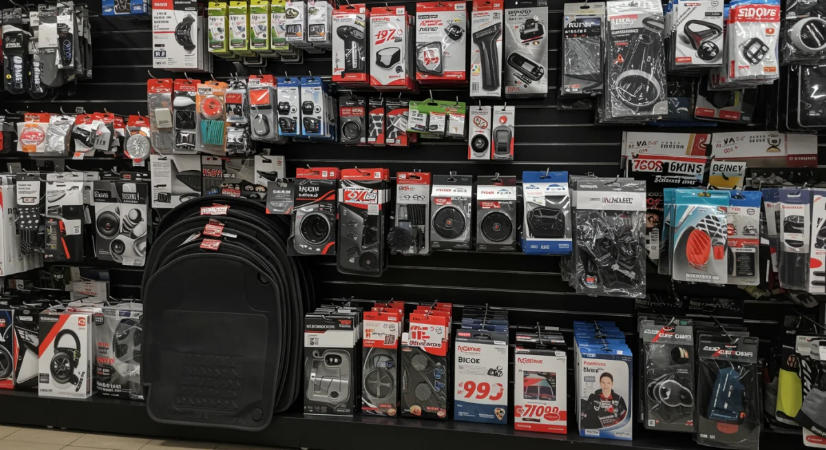 Curated selection of discounted car accessories in a modern retail display.