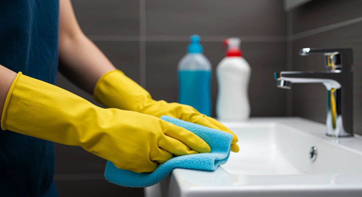 Person effectively cleaning bathroom surface