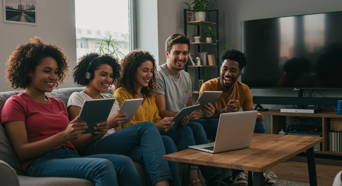 Happy people enjoying various streaming services on multiple devices, depicting affordable entertainment.