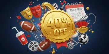 Vibrant illustration of entertainment and event icons surrounding a 40% off badge, valid until December 2026.