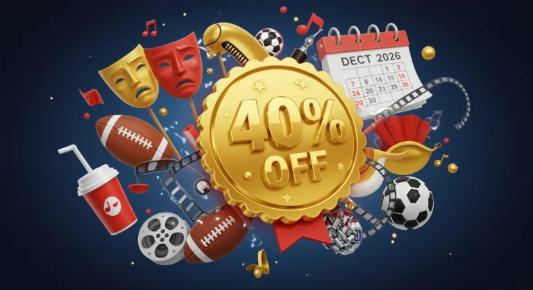 Vibrant illustration of entertainment and event icons surrounding a 40% off badge, valid until December 2026.