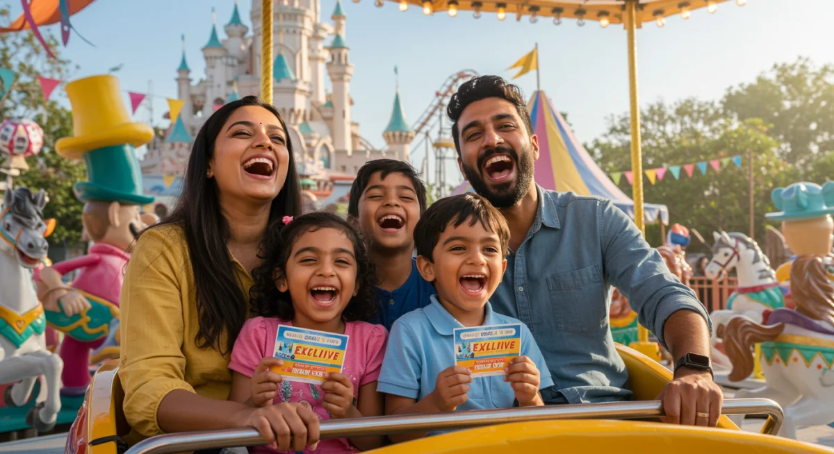 Family having fun on an amusement park ride with discounted entry.