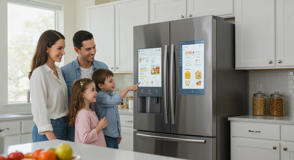 Family interacting with a smart refrigerator in a bright kitchen