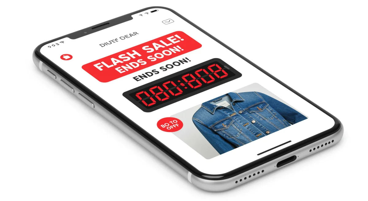 Smartphone showing a time-sensitive flash sale notification for apparel.