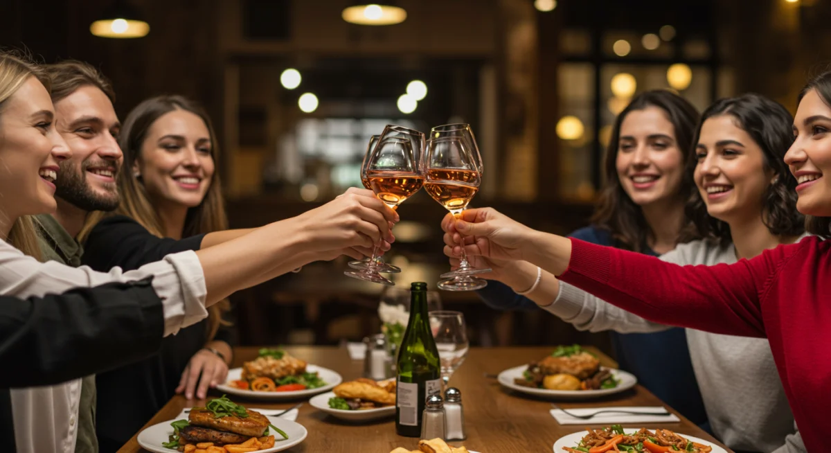 Happy group of friends enjoying a meal at a restaurant, celebrating with drinks.
