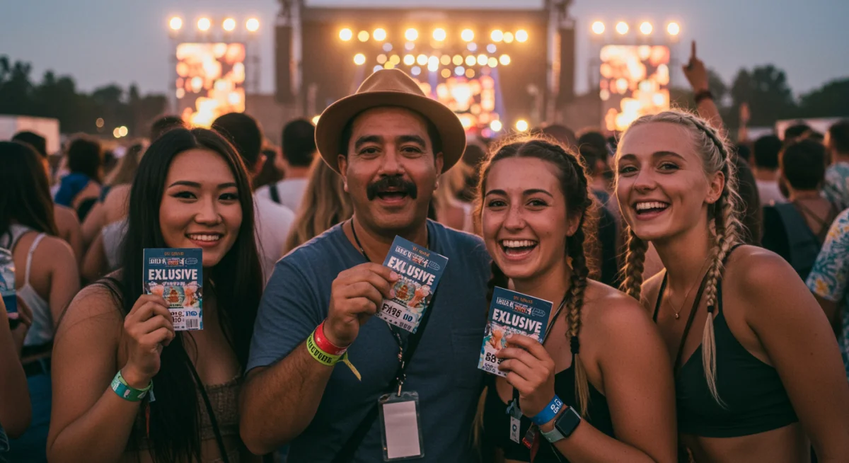 Friends enjoying an outdoor music festival with their exclusive passes.