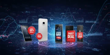 Futuristic e-commerce platform showcasing daily deals on consumer electronics with digital trend overlays.