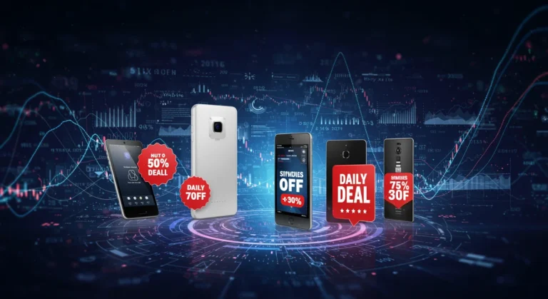 Futuristic e-commerce platform showcasing daily deals on consumer electronics with digital trend overlays.