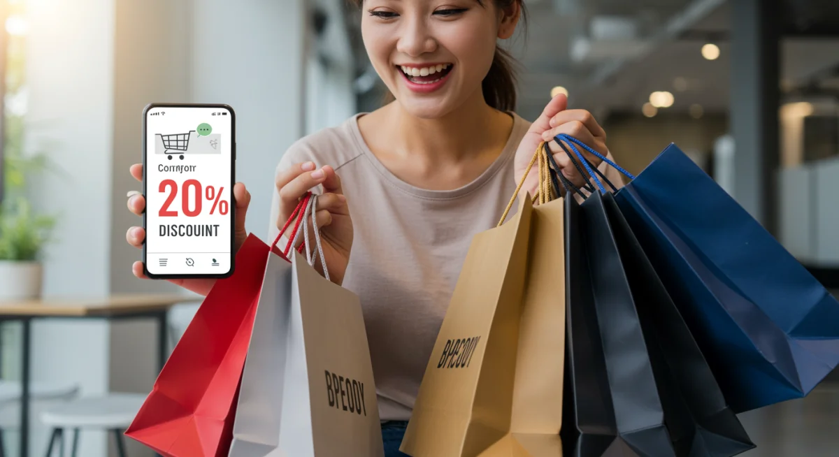 Happy shopper with bags checking a 20% discount confirmation on their phone.