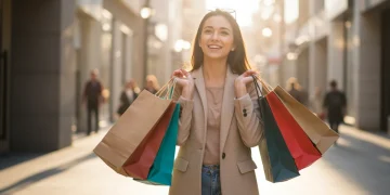 Woman happily showcasing shopping bags after finding exclusive fashion deals