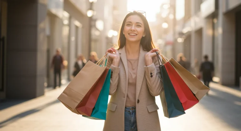 Woman happily showcasing shopping bags after finding exclusive fashion deals