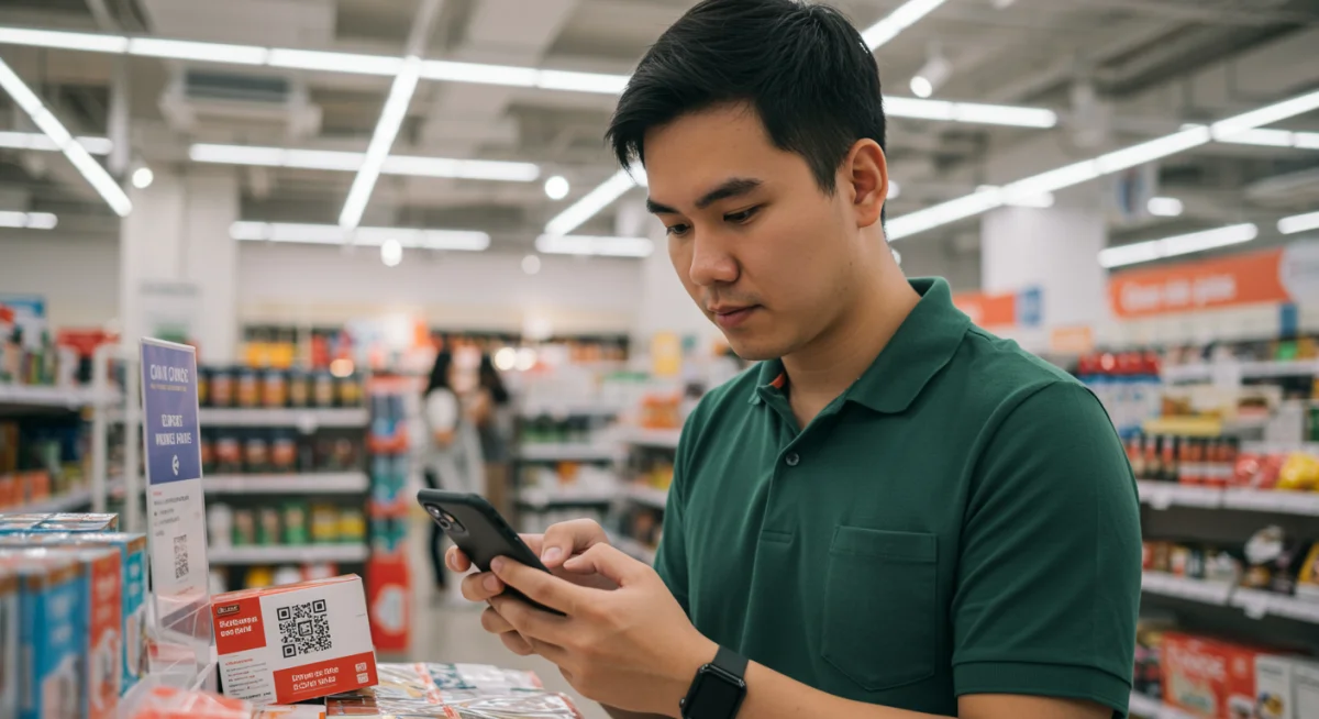 Smartphone scanning product for price comparison in a store.