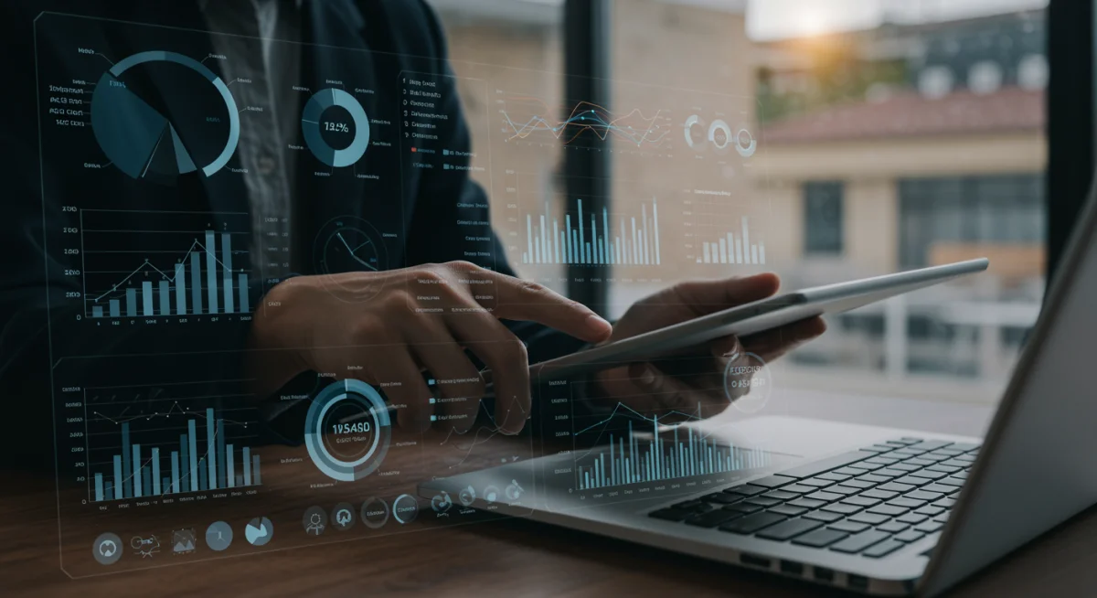 Integrated business software dashboard showing cost savings and efficiency metrics