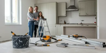 Family happily renovating kitchen with exclusive home improvement offers