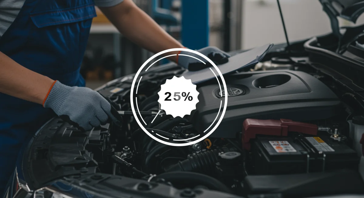 Mechanic inspecting car engine with focus on quality service and potential savings.