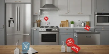 Modern kitchen with new stainless steel appliances and sale tags