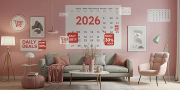 Modern living room with stylish furniture and decor, representing daily deal finds for home goods.