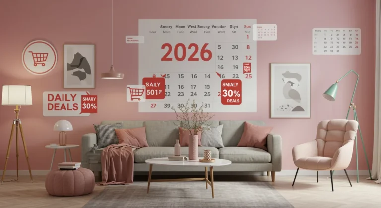 Modern living room with stylish furniture and decor, representing daily deal finds for home goods.