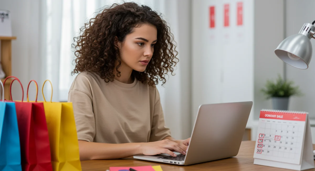 Woman strategically shopping online for fashion deals on her laptop.