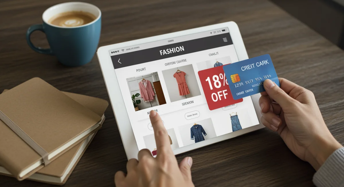 Online shopping for fashion deals on a tablet with 18% off banner