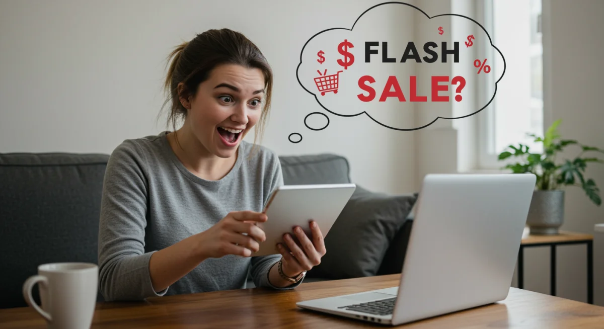 Enthusiastic shopper browsing online flash sales on a tablet, symbolizing smart deal hunting.