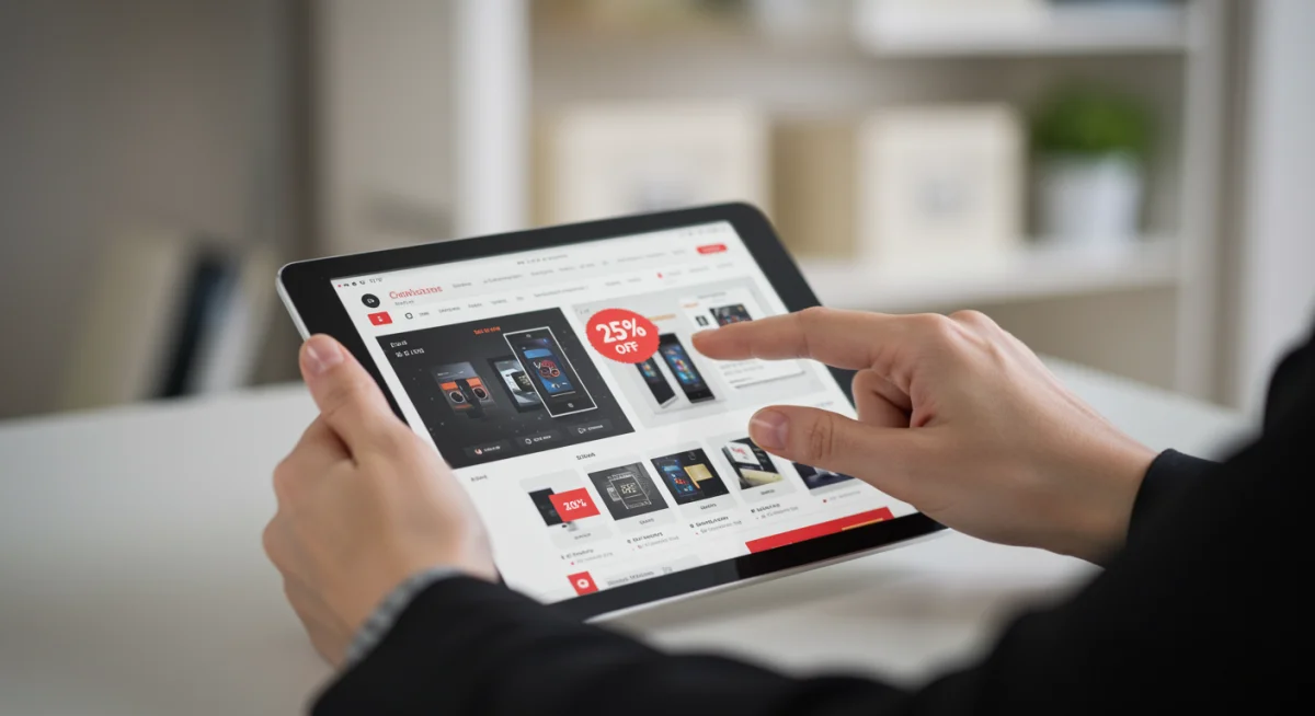 Person browsing online for tech deals with a 25% discount visibly highlighted.