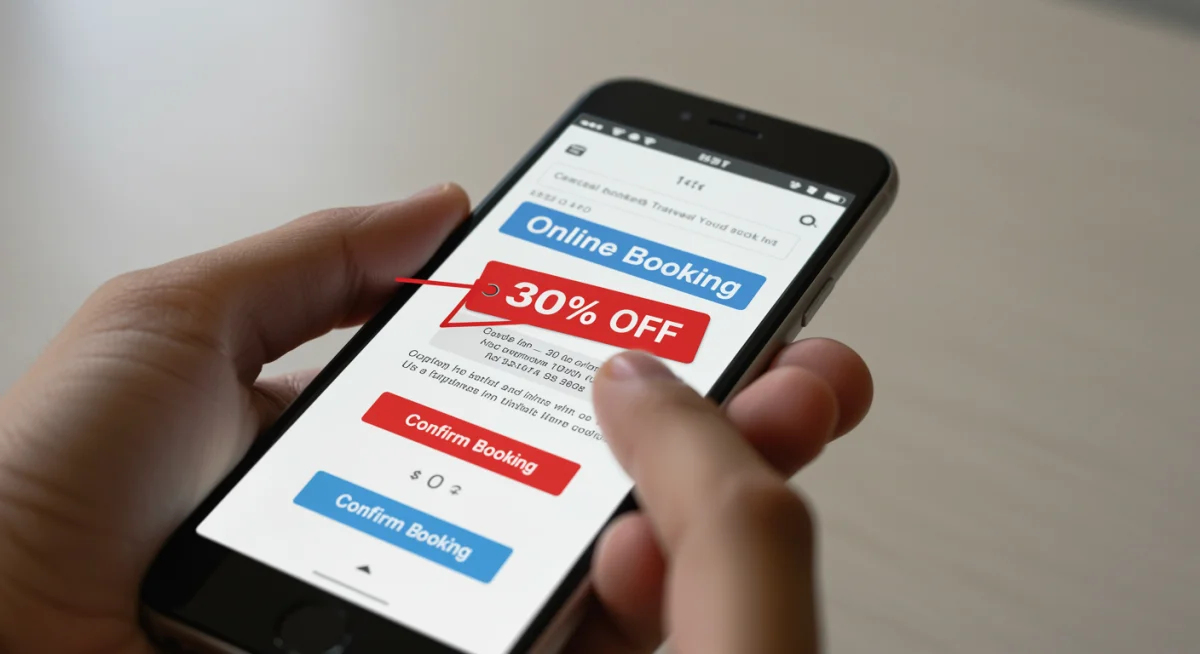 Smartphone screen showing a 30% discount applied to a travel booking, ready for confirmation.