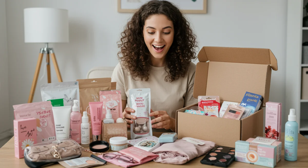 Person excitedly unboxing a personalized subscription box filled with curated items