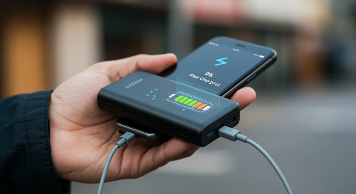Portable power bank charging a smartphone, highlighting on-the-go tech solutions.